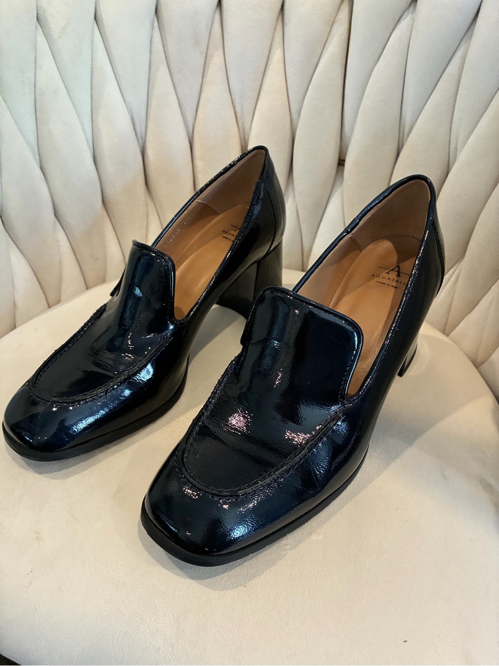 Aquatalia Black Patent Leather Square-Toe Block Heel Loafers